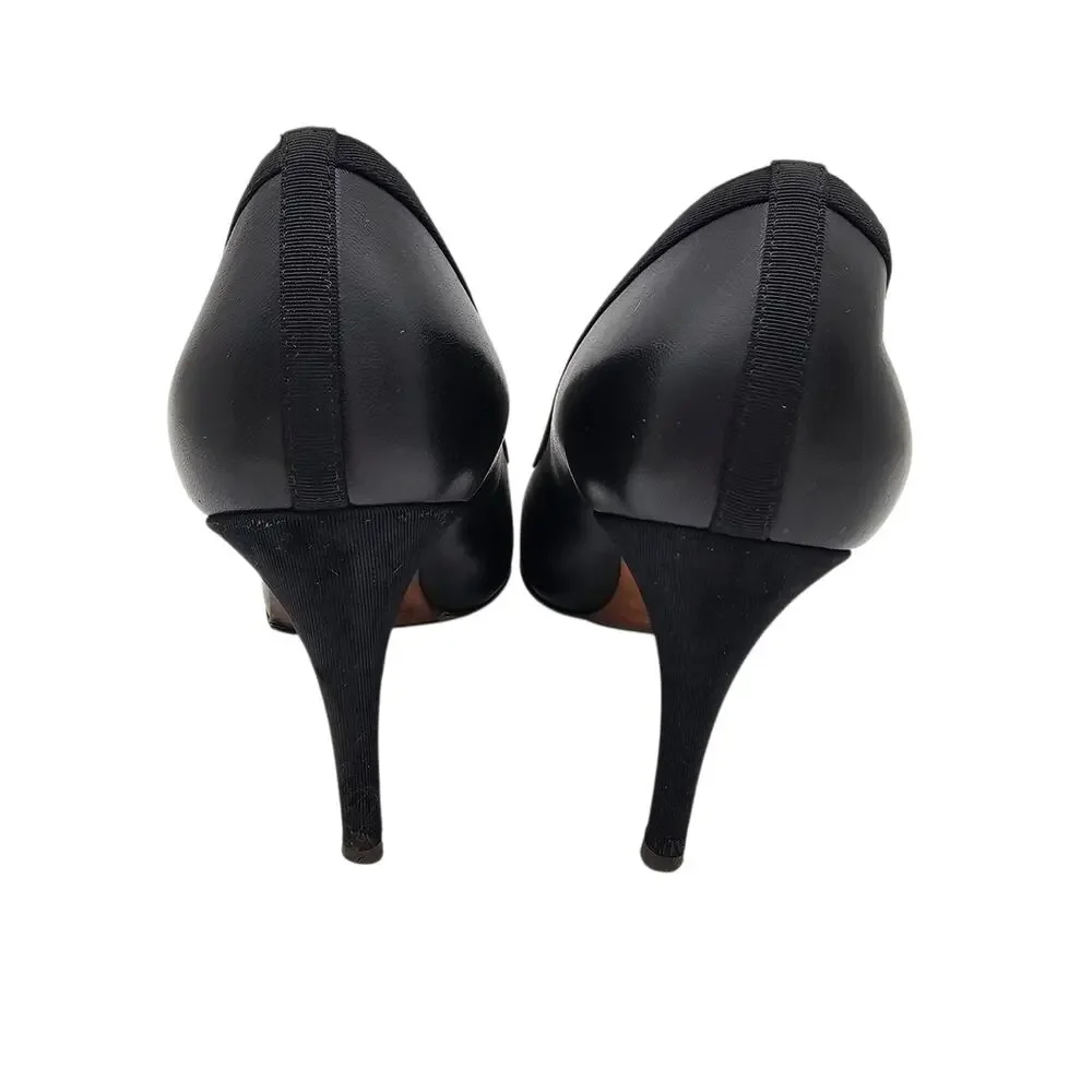 Chanel CC Cap Toe Black Leather Heel Pump Classic Grosgrain Size 38.5 7.5 8